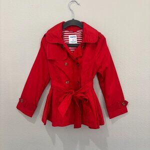 Mayoral red raincoat, removable hood, front button closure w/attached belt